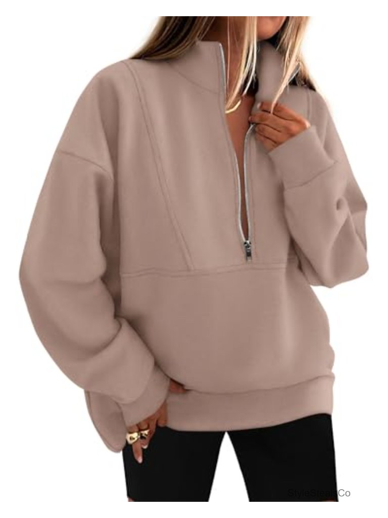 Oversized Half Zip Fleece Pullover Mock Neck Sweatshirt With Stand Collar